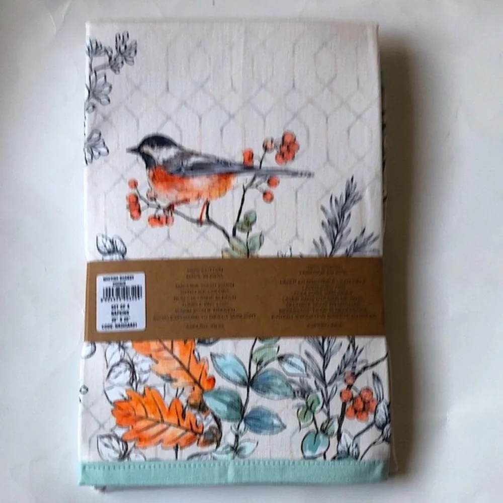 French Country Cotton Table Dinner Napkins Botanical SET (4) cream teal NEW